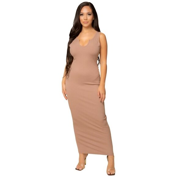 Womens Ribbed Notch Neck Bodycon Maxi Dress Brown XSmall - Picture 4 of 9